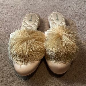 Birdies The Song Bird Gold Pom Pom Mules. 7.5.  Worn once for wedding.